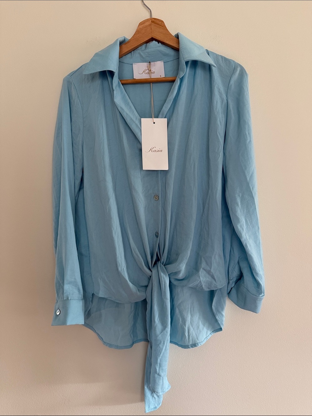 NWT Kasia Paros Front Tie Cotton Shirt in Baby Blue | Size S